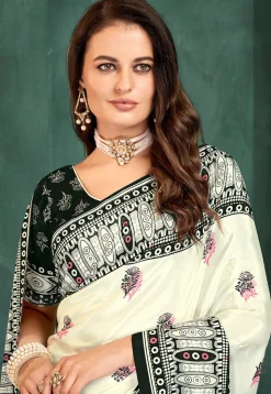 Digital Printed Crepe Saree in Off White