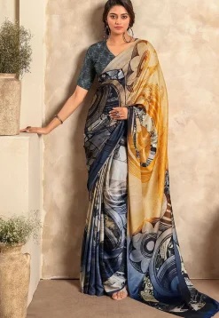 Digital Printed Crepe Saree in Yellow and Blue