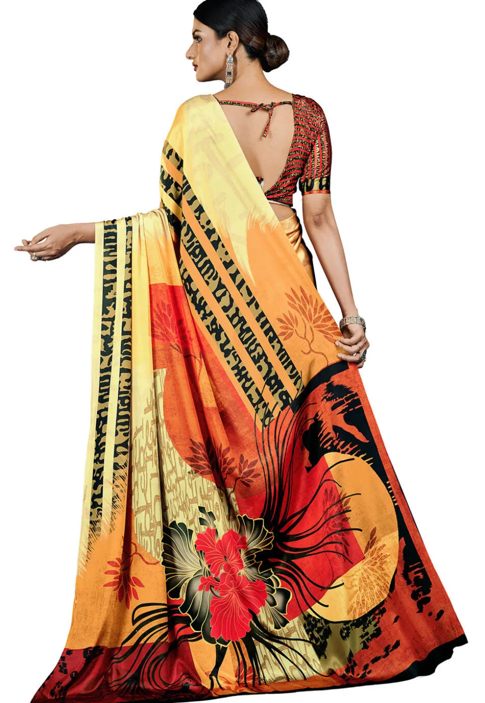 Digital Printed Crepe Saree in Orange