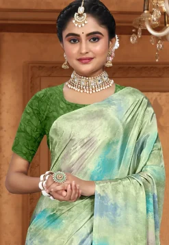 Digital Printed Crepe Saree in Green