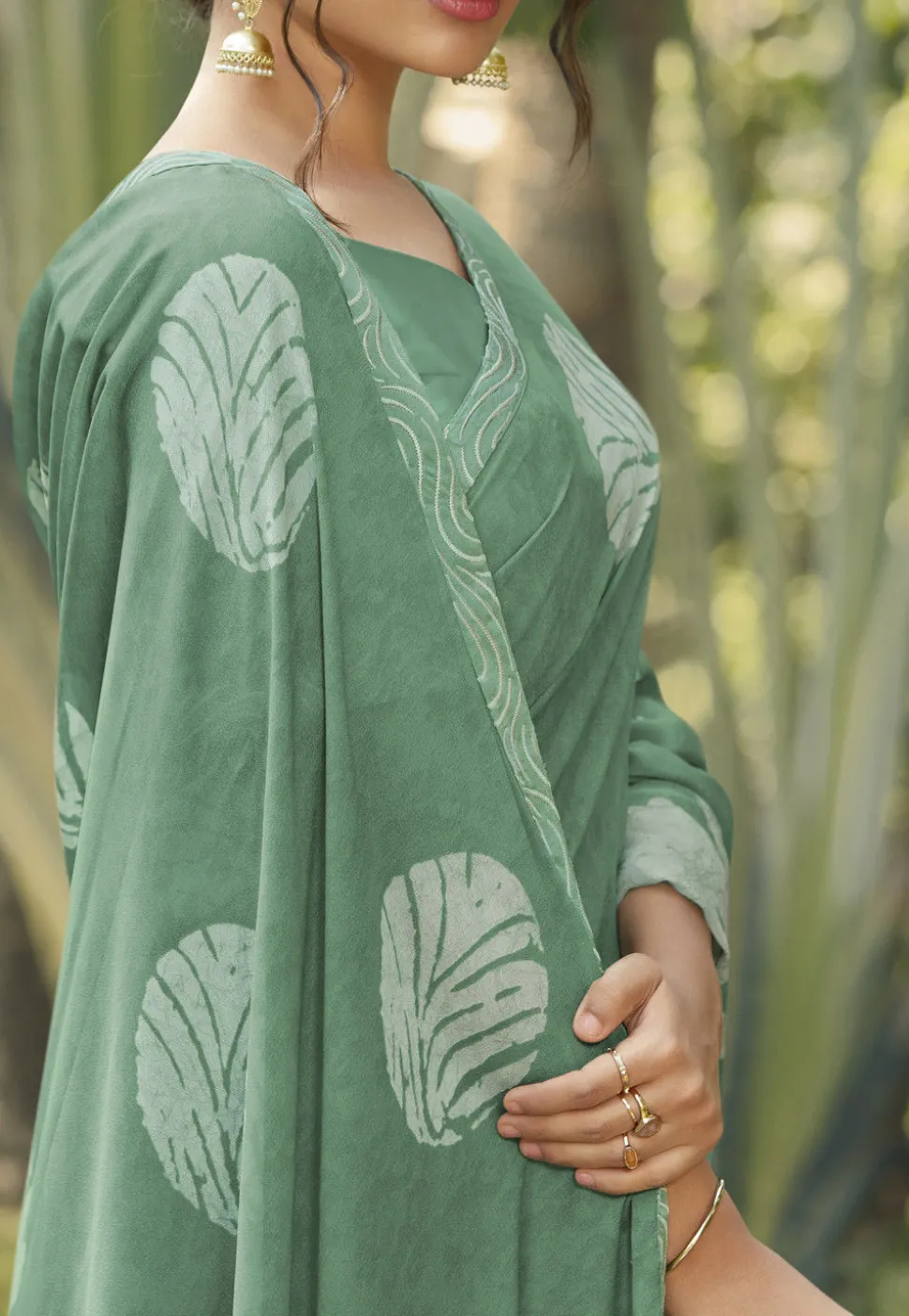 Digital Printed Crepe Saree in Dusty Green