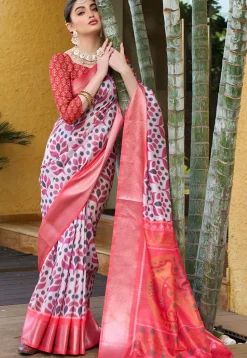 Digital Printed Crepe Saree in Off White