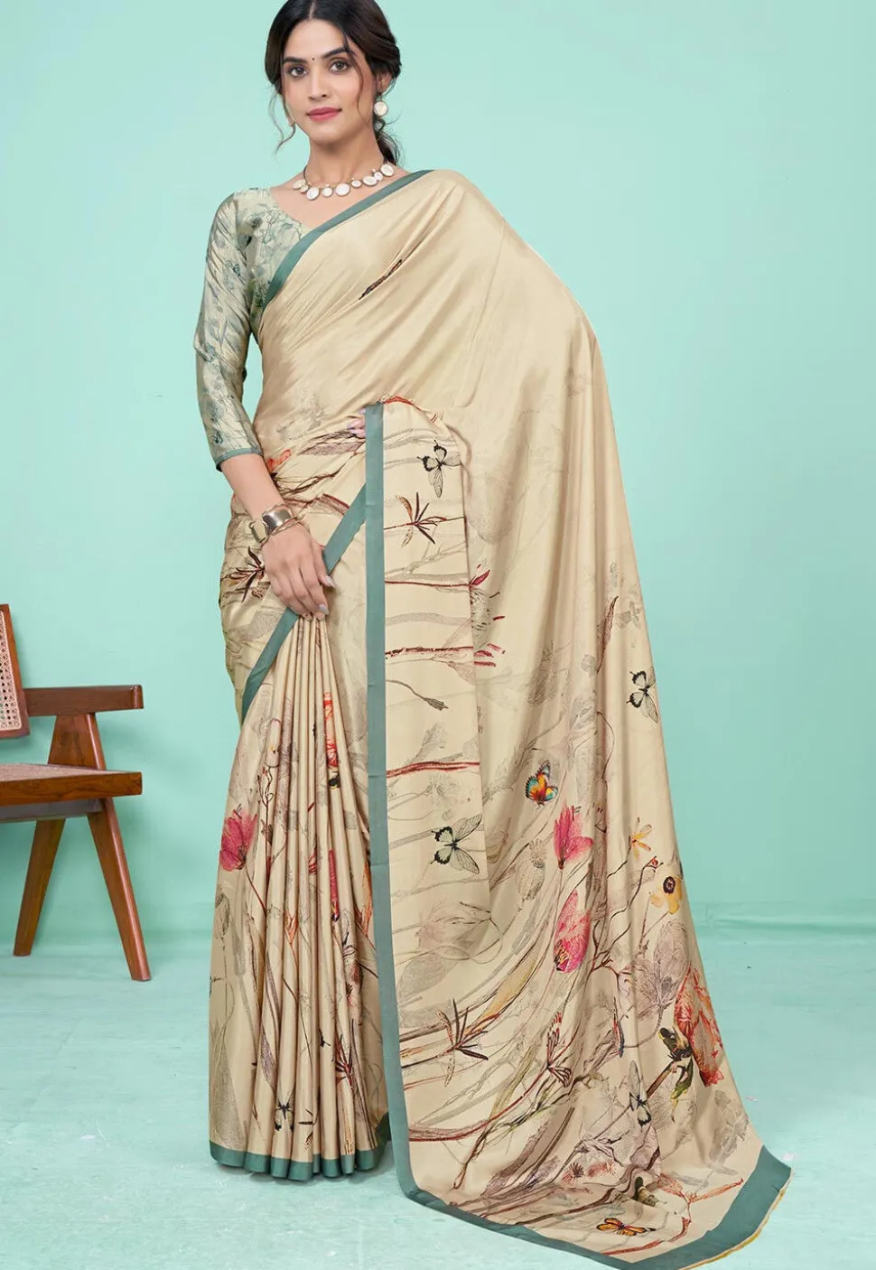 Digital Printed Crepe Saree in Beige