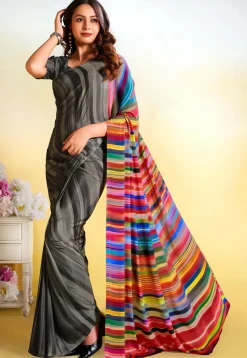 Digital Printed Crepe Saree in Grey