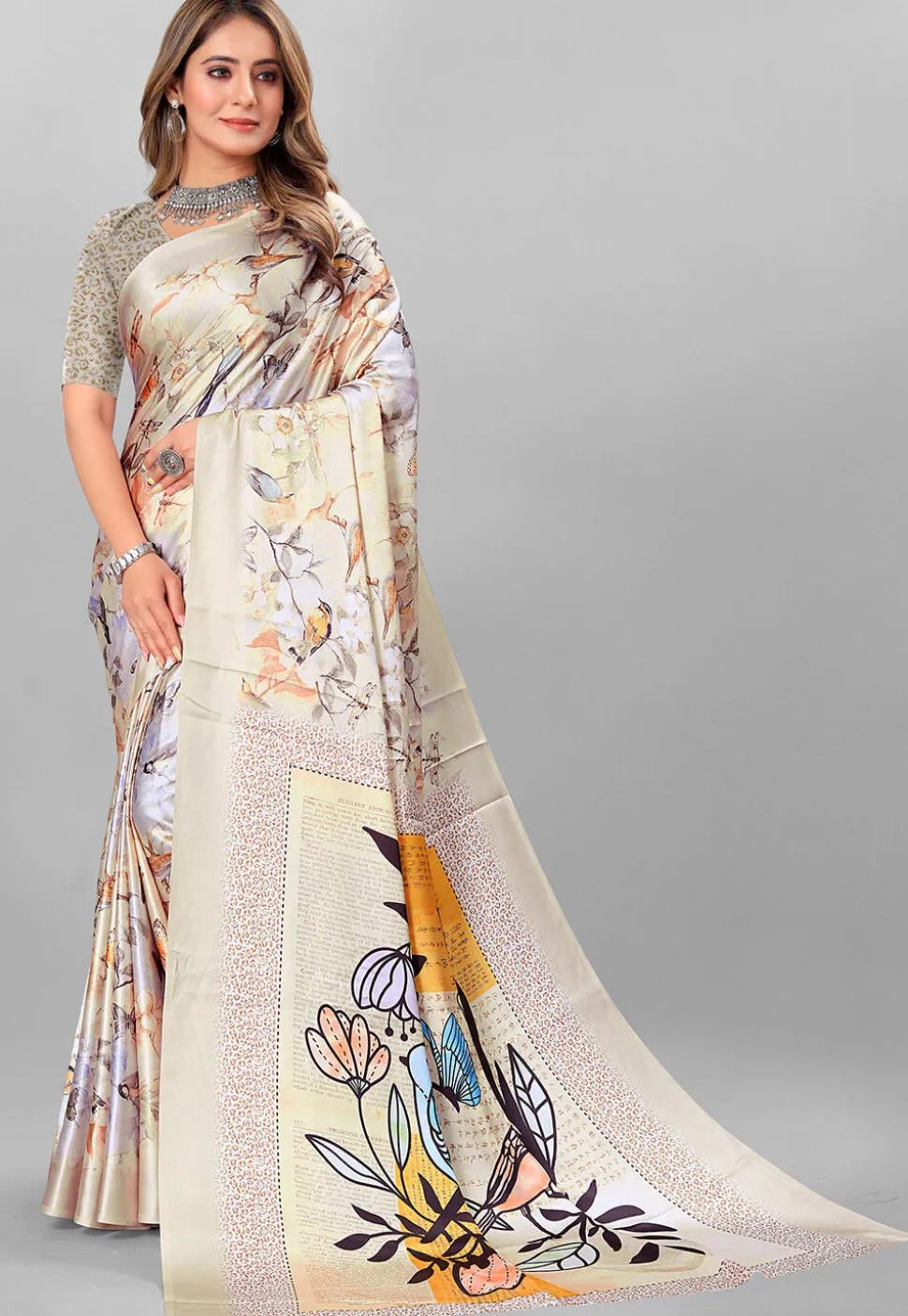Digital Printed Crepe Saree in Light Grey