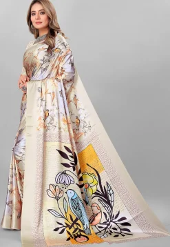 Digital Printed Crepe Saree in Light Grey