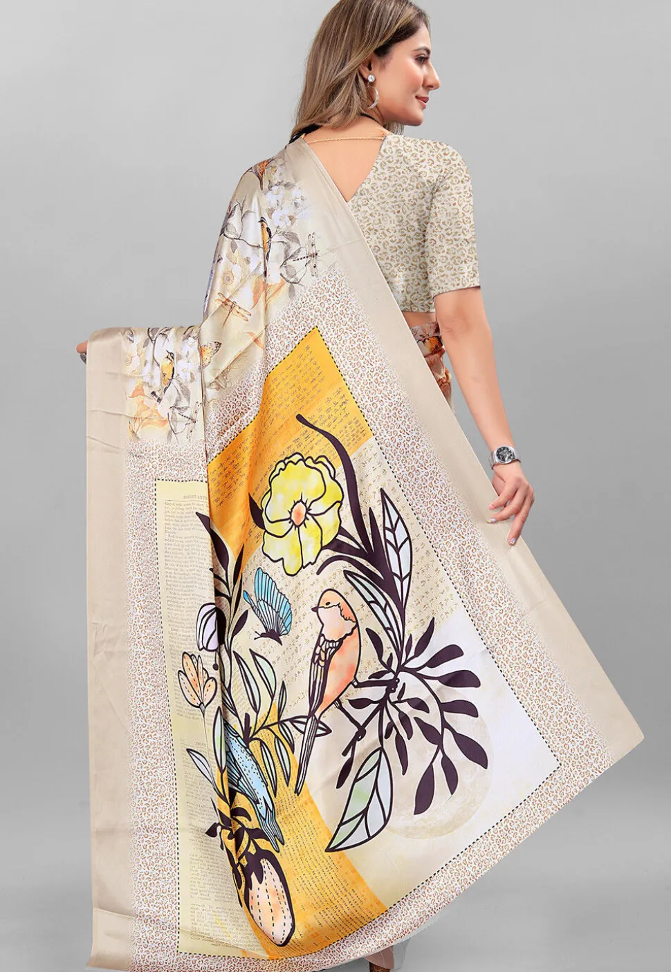 Digital Printed Crepe Saree in Light Grey
