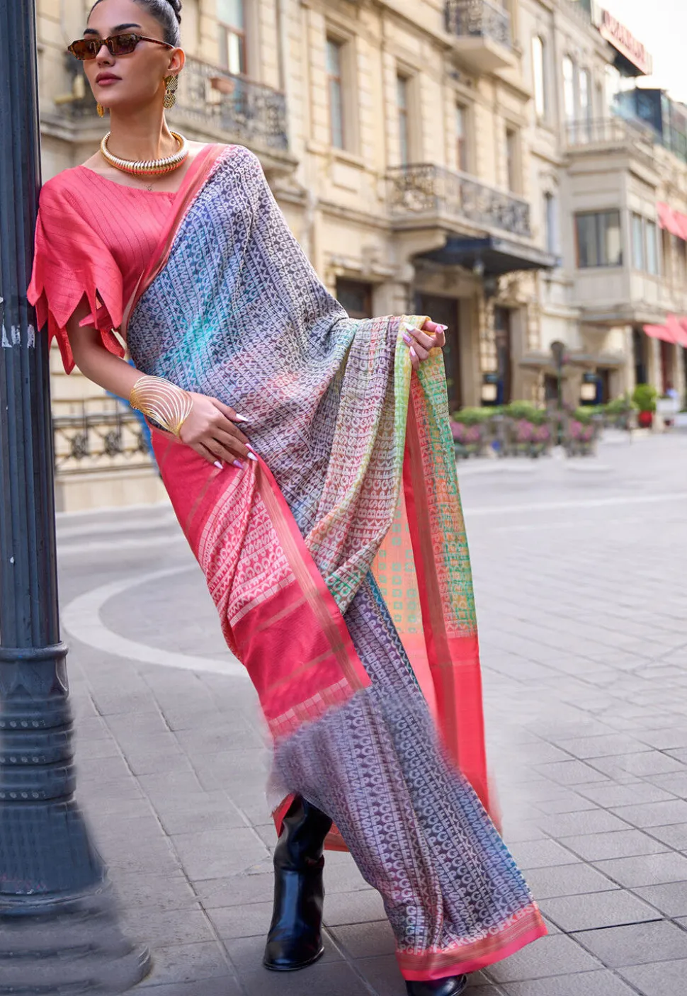 Digital Printed Crepe Saree in Grey