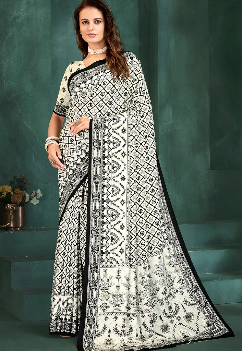 Digital Printed Crepe Saree in Off White