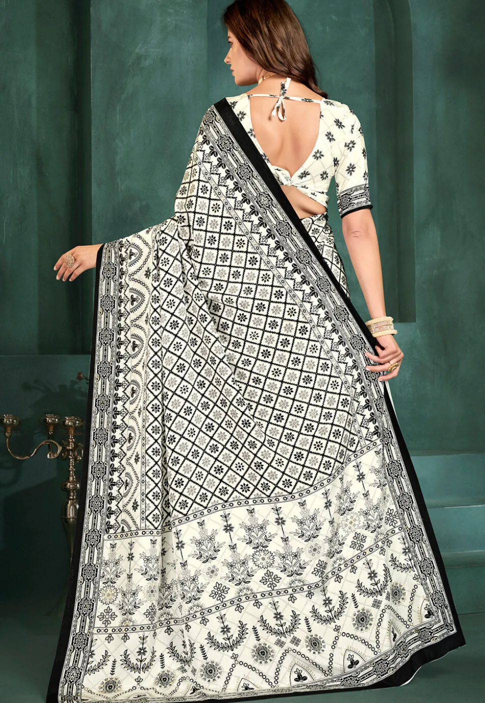 Digital Printed Crepe Saree in Off White