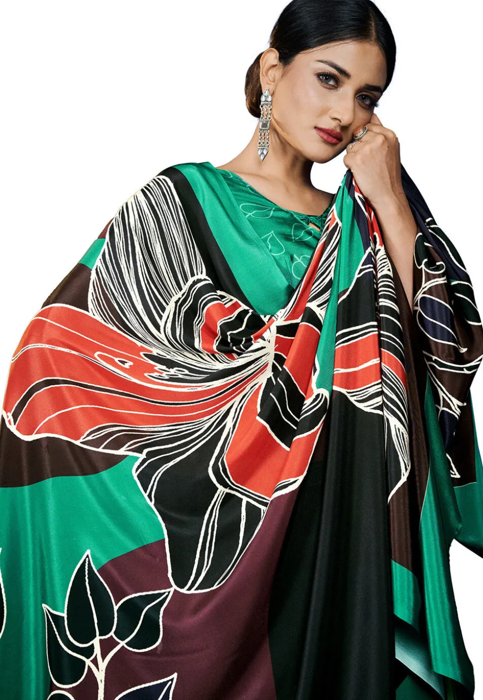 Digital Printed Crepe Saree in Teal Green