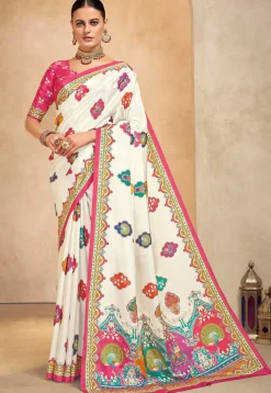 Digital Printed Crepe Saree in Off White