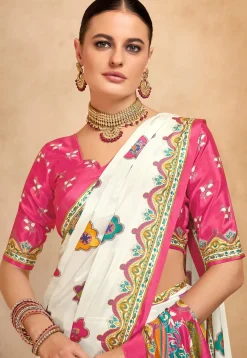 Digital Printed Crepe Saree in Off White