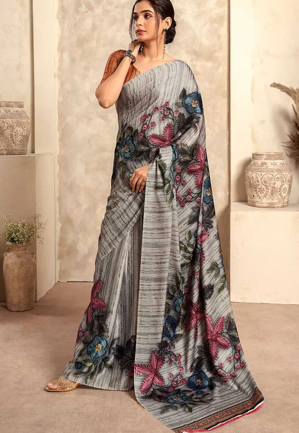 Digital Printed Crepe Saree in Grey