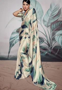 Digital Printed Crepe Saree in Off White