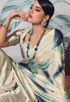 Digital Printed Crepe Saree in Off White