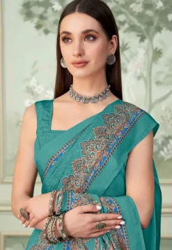 Digital Printed Crepe Saree in Teal Green