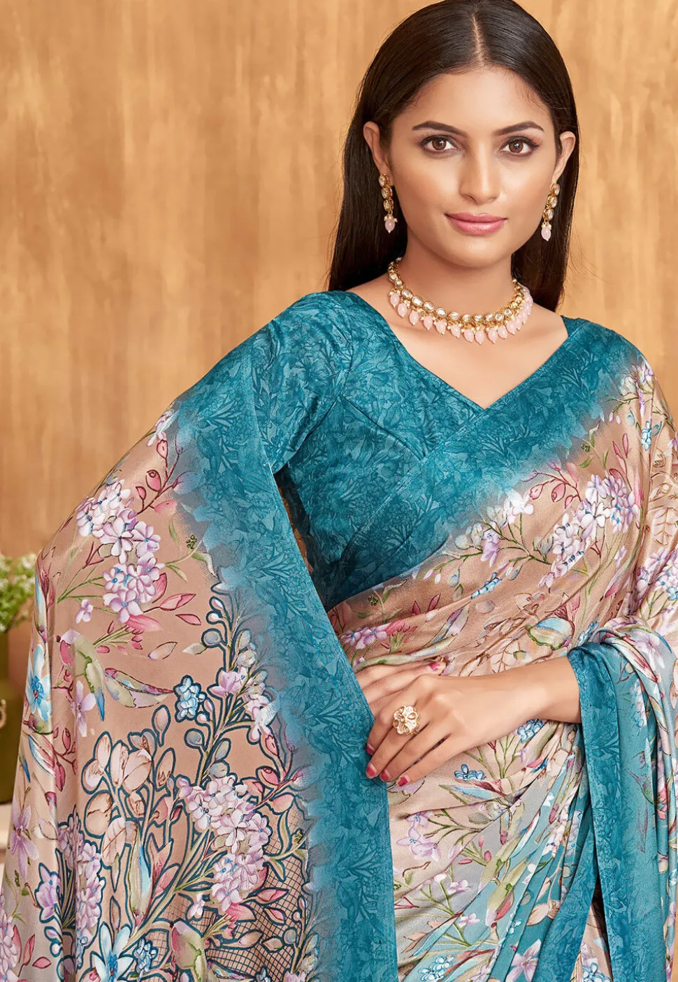 Digital Printed Crepe Saree in Beige