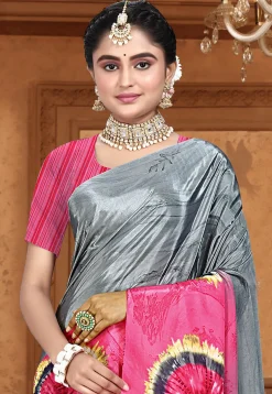 Digital Printed Crepe Saree in Grey and Pink