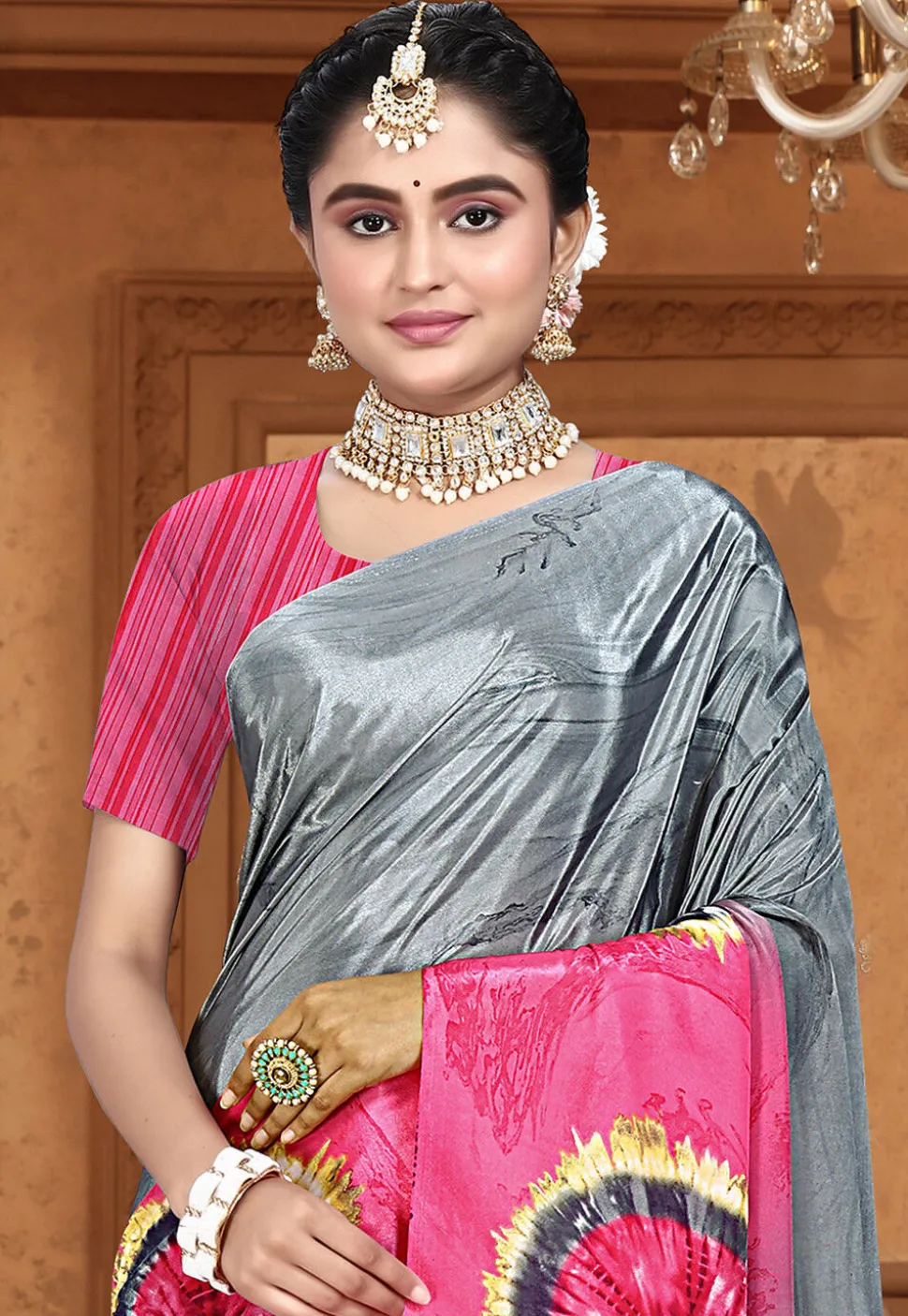 Digital Printed Crepe Saree in Grey and Pink