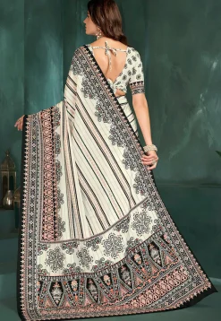Digital Printed Crepe Saree in Off White