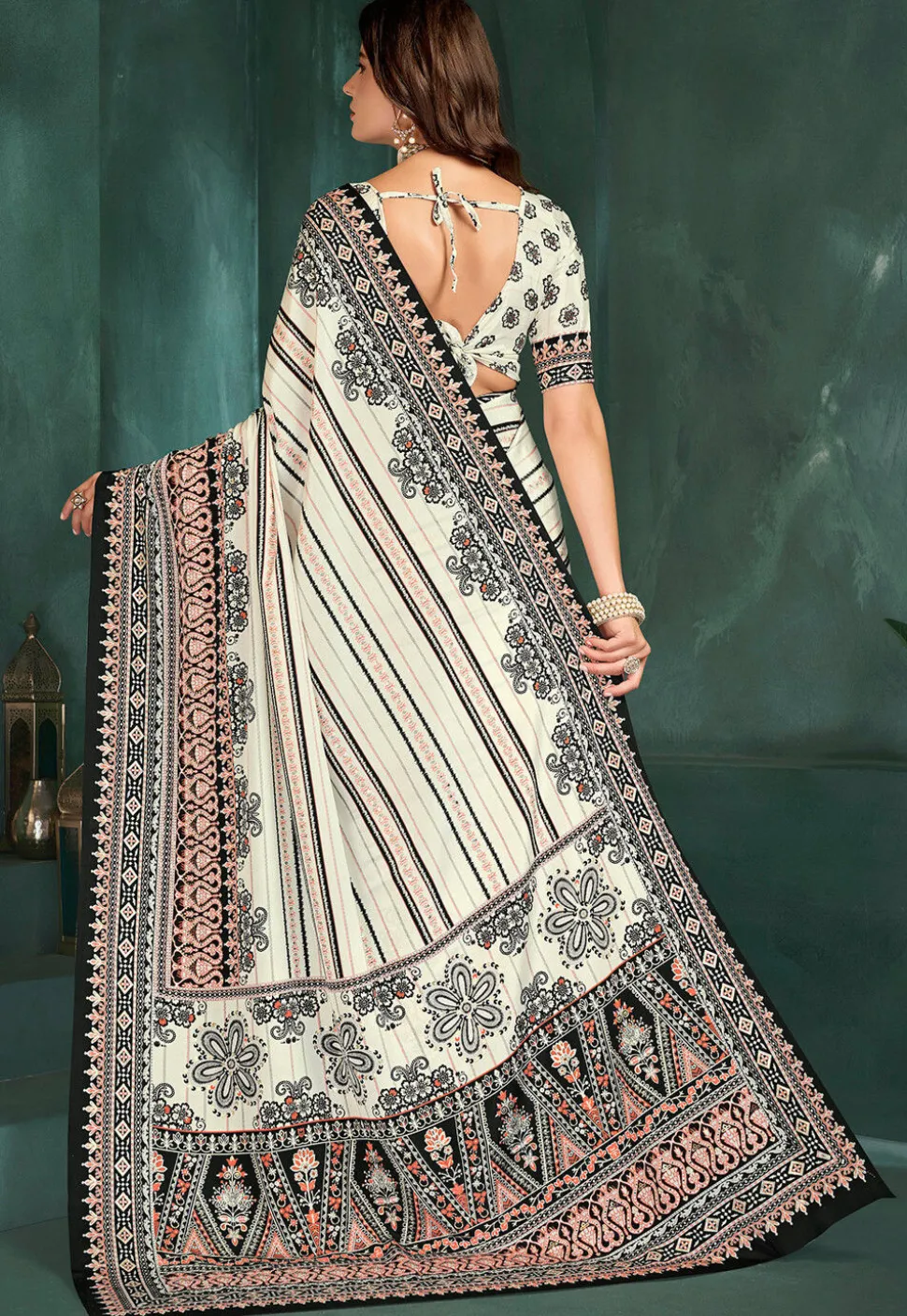 Digital Printed Crepe Saree in Off White