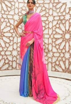 Digital Printed Crepe Saree in Pink and Blue
