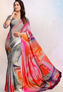 Digital Printed Crepe Saree in Grey