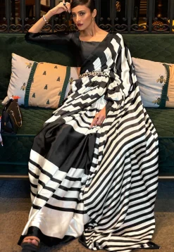 Digital Printed Crepe Saree in Black and Off White