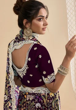 Digital Printed Crepe Scalloped Saree in Wine