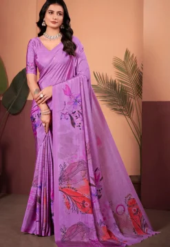 Digital Printed Crepe Silk Saree in Purple