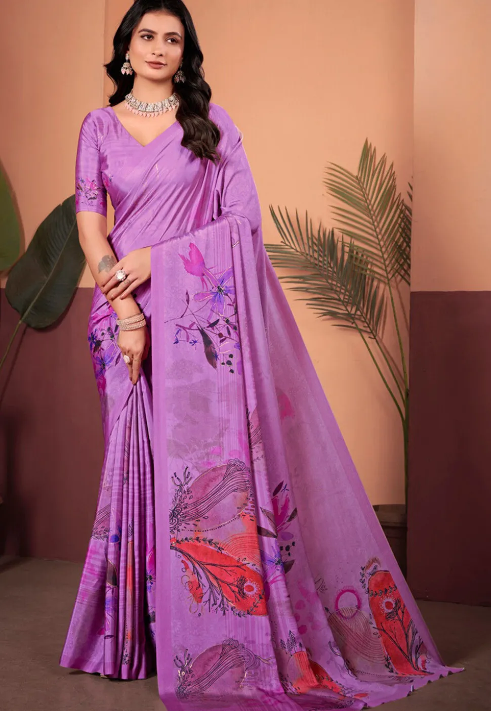 Digital Printed Crepe Silk Saree in Purple