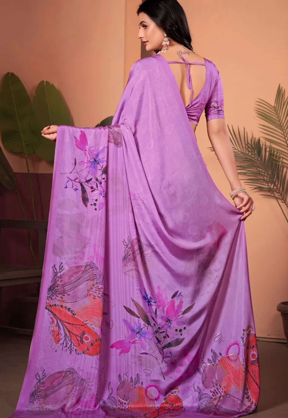 Digital Printed Crepe Silk Saree in Purple