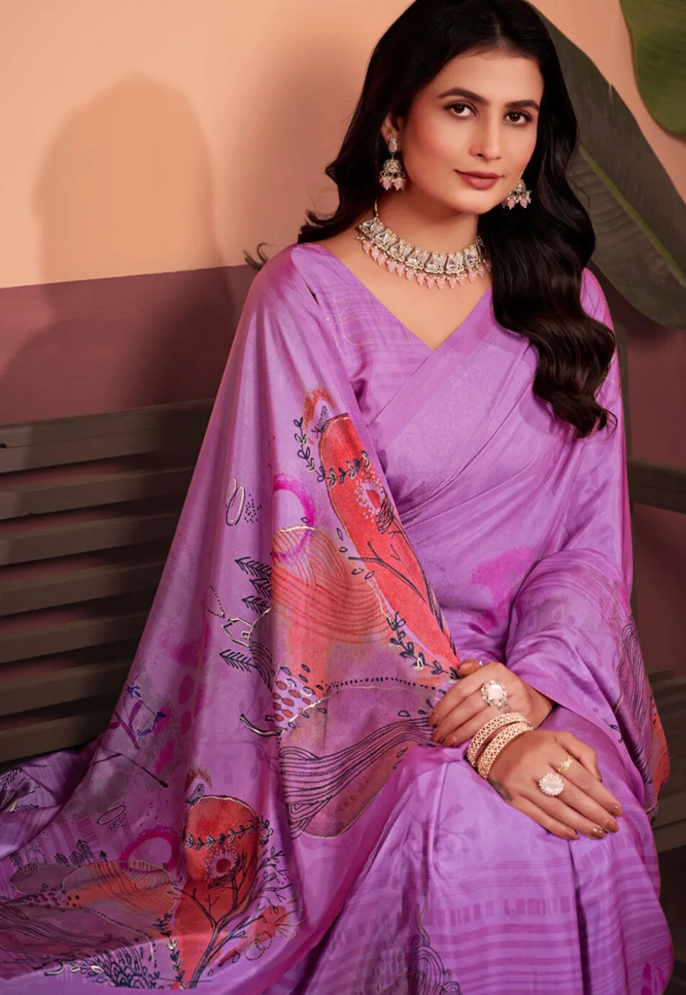 Digital Printed Crepe Silk Saree in Purple