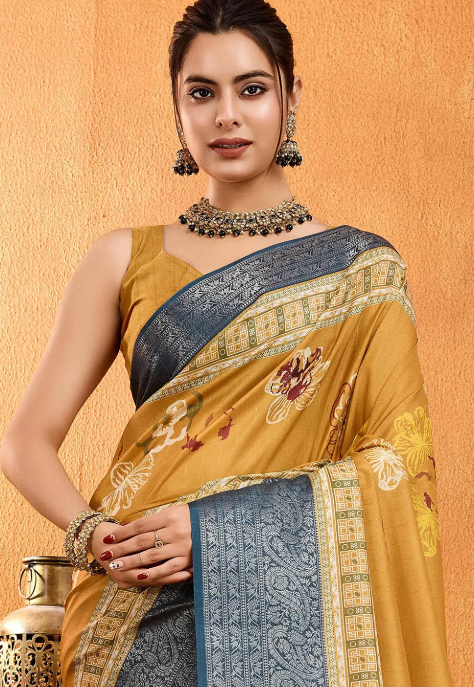 Digital Printed Crepe Silk Saree in Mustard