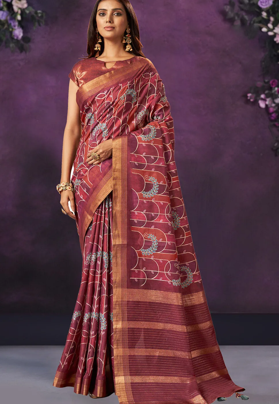 Digital Printed Crepe Silk Saree in Maroon