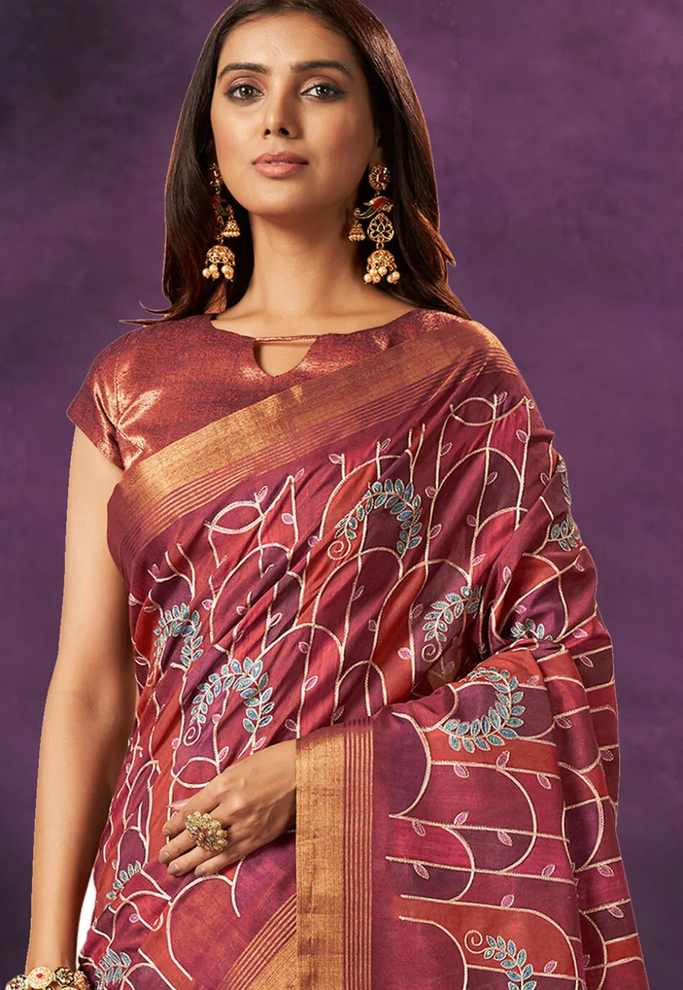 Digital Printed Crepe Silk Saree in Maroon