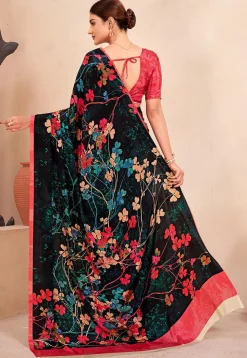 Digital Printed Crepe Silk Saree in Black and Multicolor