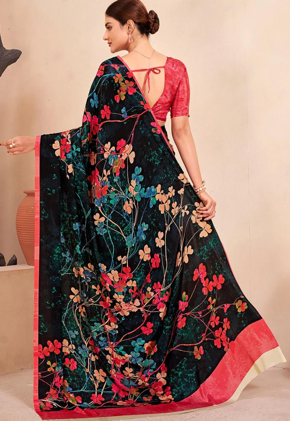 Digital Printed Crepe Silk Saree in Black and Multicolor