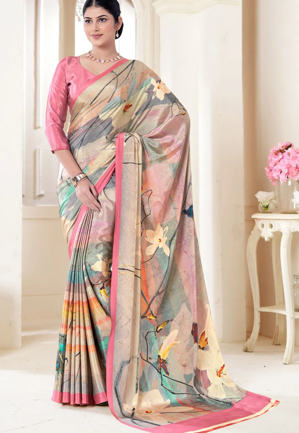 Digital Printed Crepe Silk Saree in Multicolor