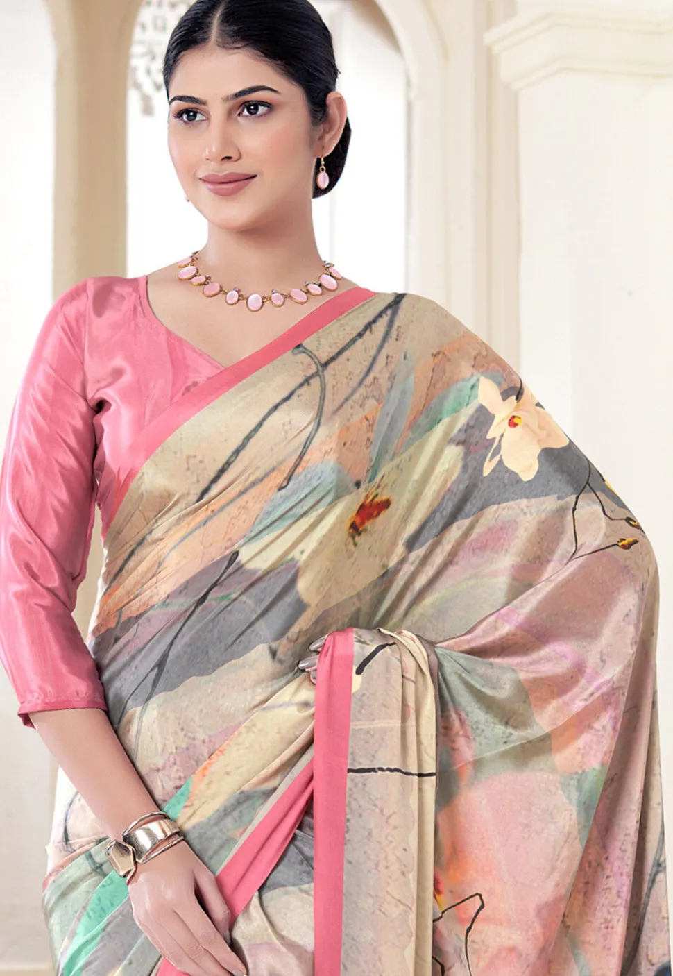 Digital Printed Crepe Silk Saree in Multicolor