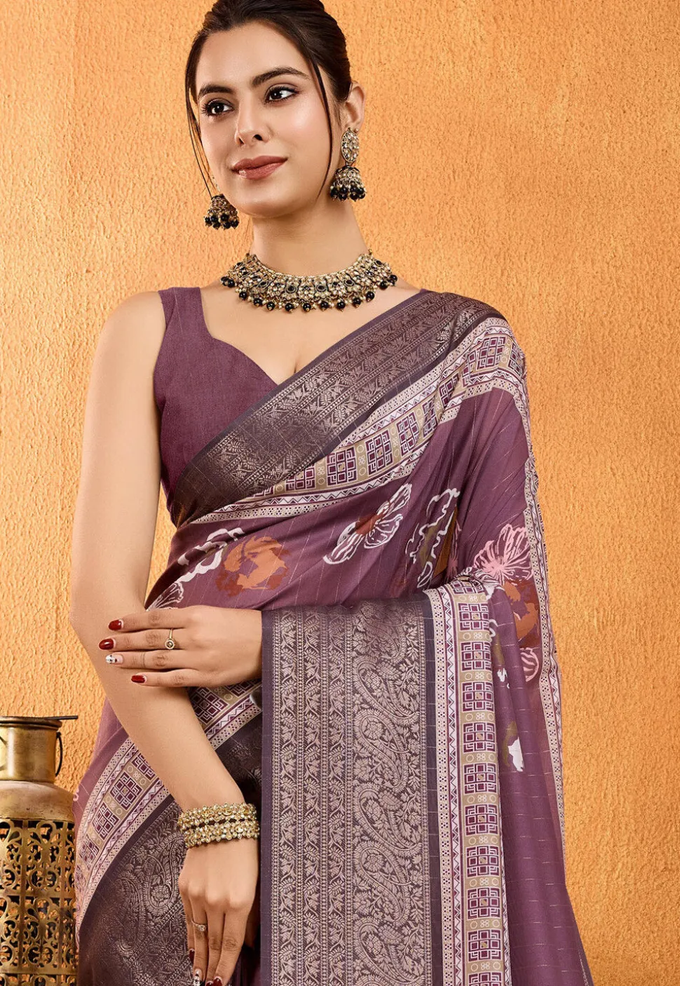 Digital Printed Crepe Silk Saree in Purple