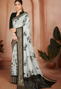 Digital Printed Crepe Silk Saree in Off White