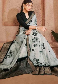 Digital Printed Crepe Silk Saree in Off White