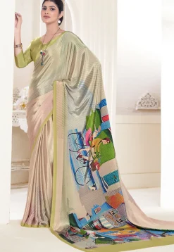 Digital Printed Crepe Silk Saree in Beige