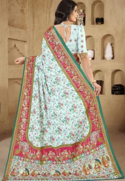 Digital Printed Crepe Silk Saree in Light Blue