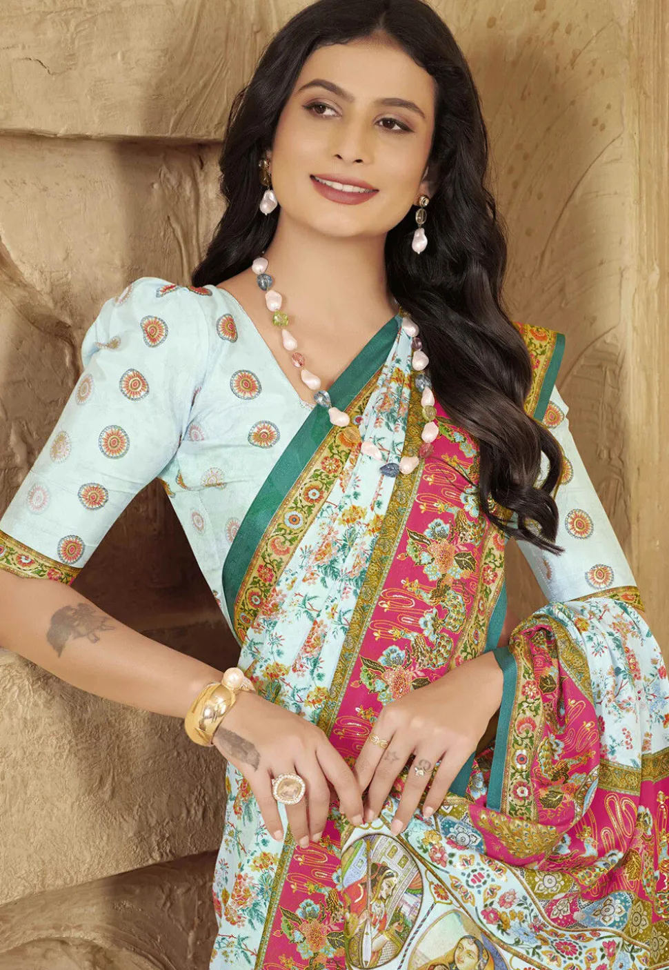 Digital Printed Crepe Silk Saree in Light Blue