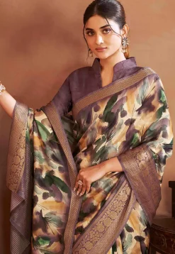 Digital Printed Crepe Silk Saree in Beige