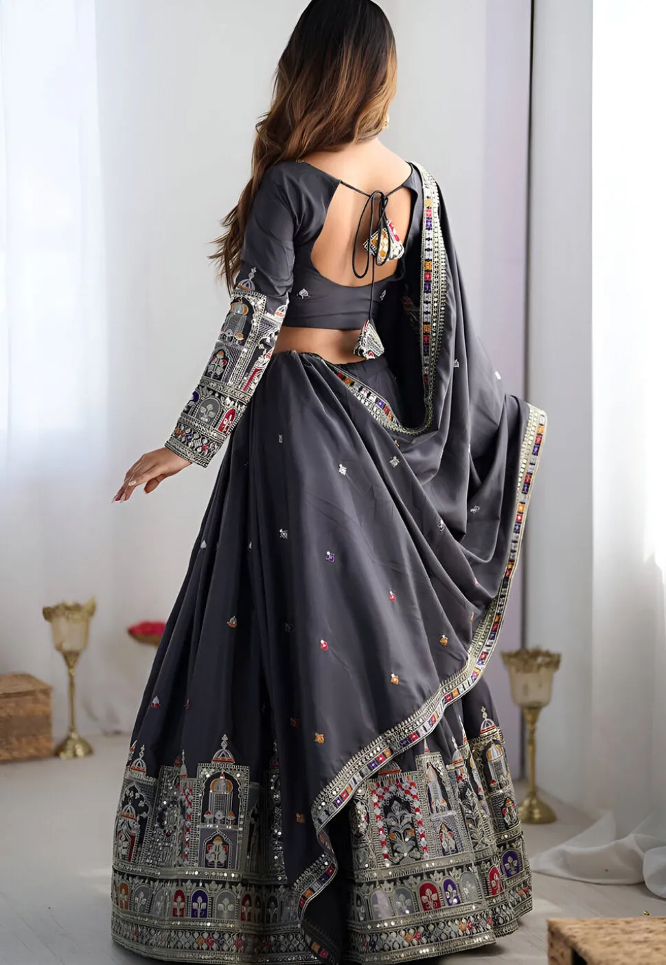 Digital Printed Crepe Silk Lehenga in Grey