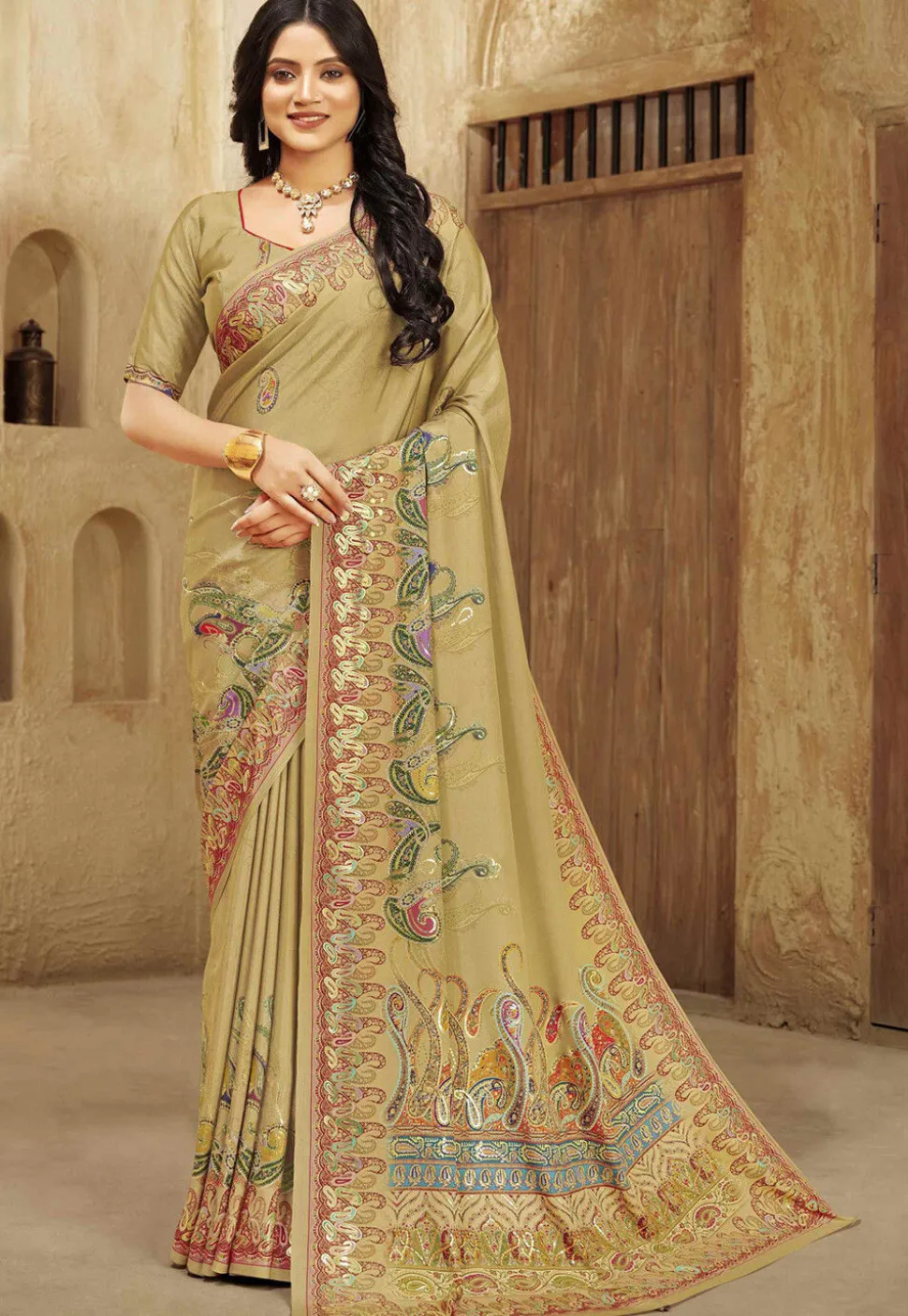 Digital Printed Crepe Silk Saree in Fawn